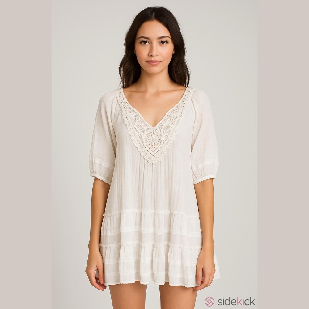 Umgee Size S white babydoll minidress. Peasant flirty crochet lace bohemian
